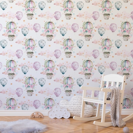 Tapeta dla dzieci balony kwiaty chmury gwiazdy