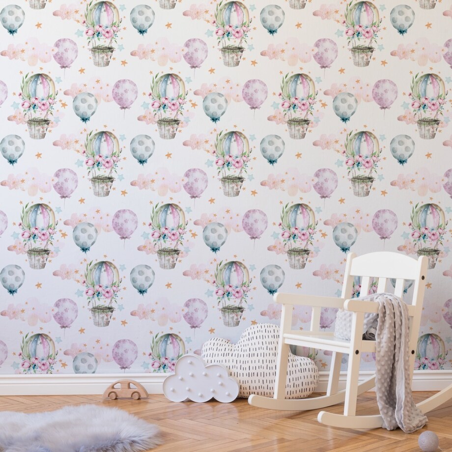 Tapeta dla dzieci balony kwiaty chmury gwiazdy