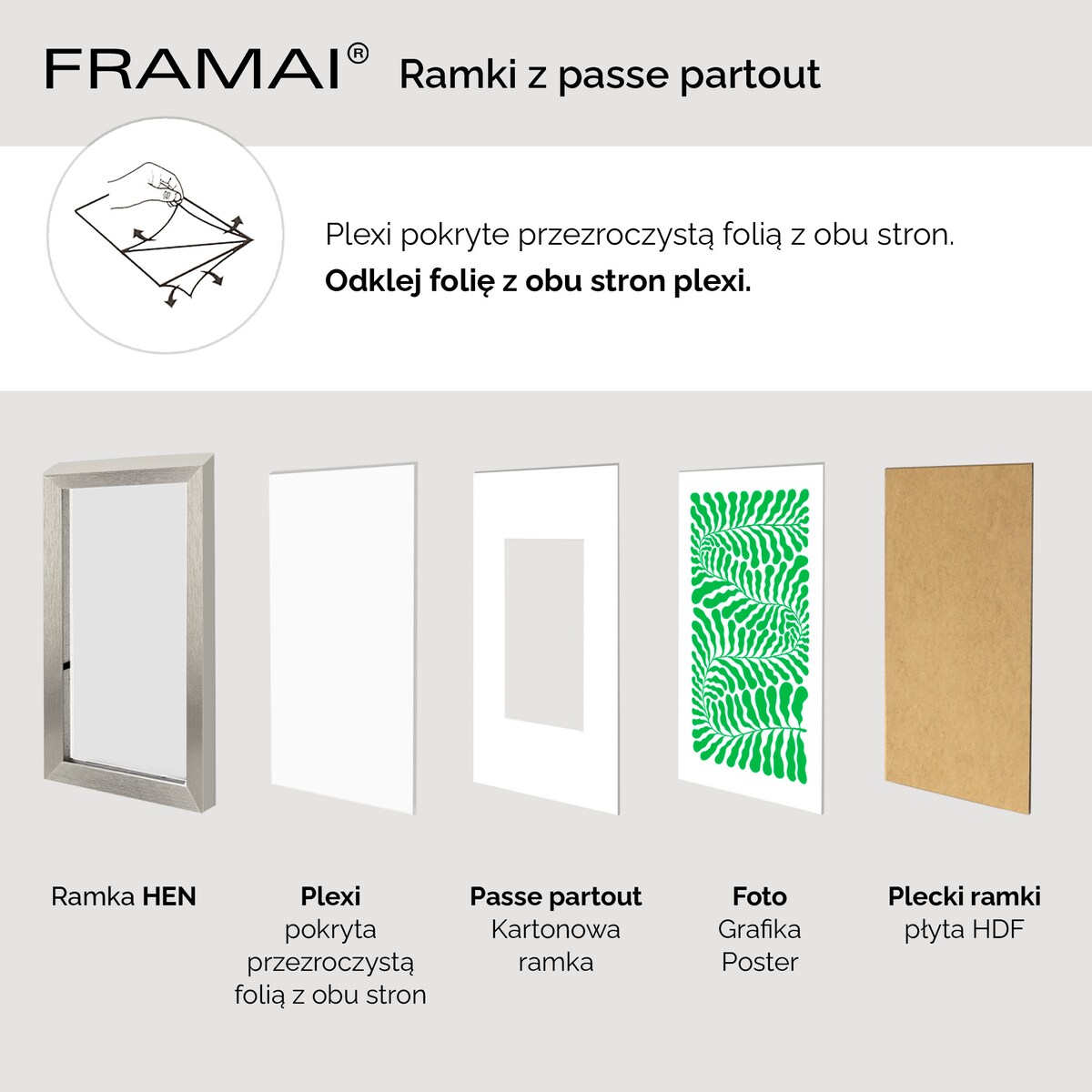 Ramka na zdjęcia z passe partout ramka 60x80 cm z okienkiem passe partout na zdjęcie 40x60 cm kolor srebrny FRAMAI®