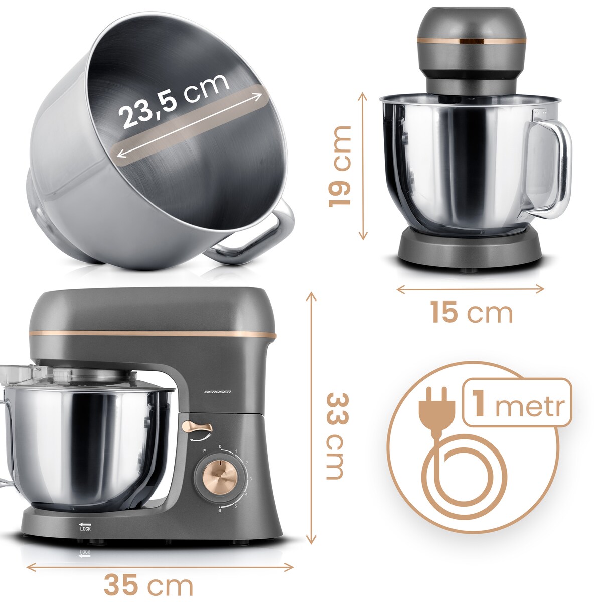 Robot planetarny kuchenny mikser Berdsen 6l 1400W 3w1 srebrno-złoty 375602