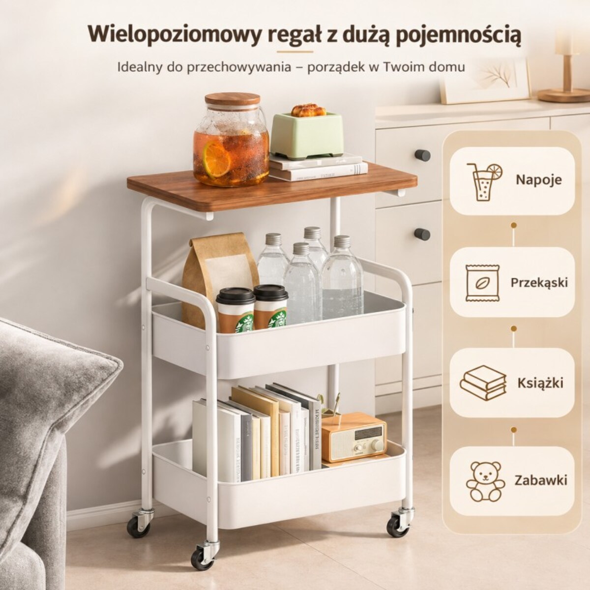 Regał, szafka mobilna na kółkach, stolik 3 poziomy, biały metalowy, blat MDF SZ59