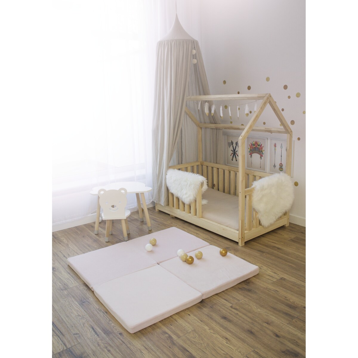 Mata Kwadratowa 120x120cm dla Dzieci, Welurowa, Jasnoróżowa