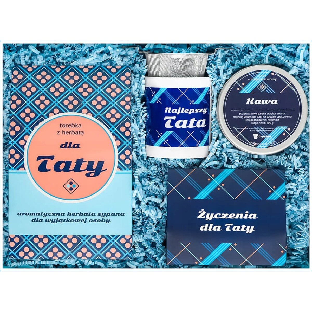 PERSONALIZOWANY ZESTAW PREZENTOWY Z WŁASNYM NADRUKIEM - BOX PREMIUM PREZENT UPOMINEK DLA TATY NA DZIEŃ OJCA URODZINY - KAWA HERBATA KUBEK ZAPARZACZ