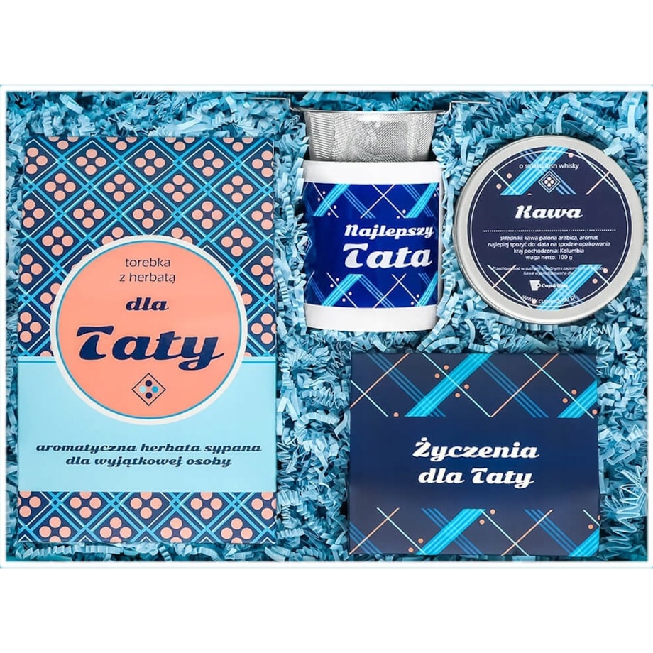 PERSONALIZOWANY ZESTAW PREZENTOWY Z WŁASNYM NADRUKIEM - BOX PREMIUM PREZENT UPOMINEK DLA TATY NA DZIEŃ OJCA URODZINY - KAWA HERBATA KUBEK ZAPARZACZ