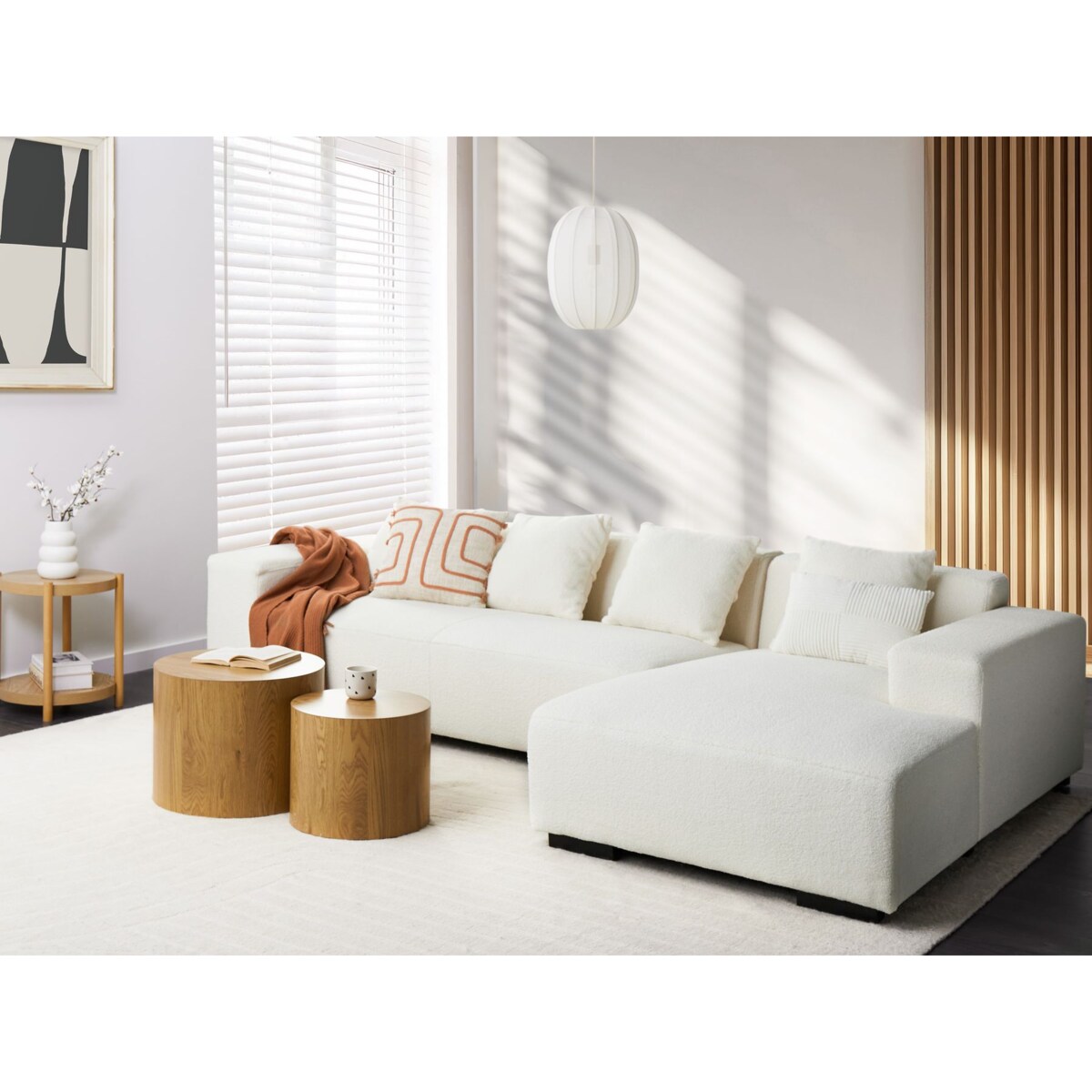 Narożnik LUNGO Boucle Biały dla 4 osób Lewostronny