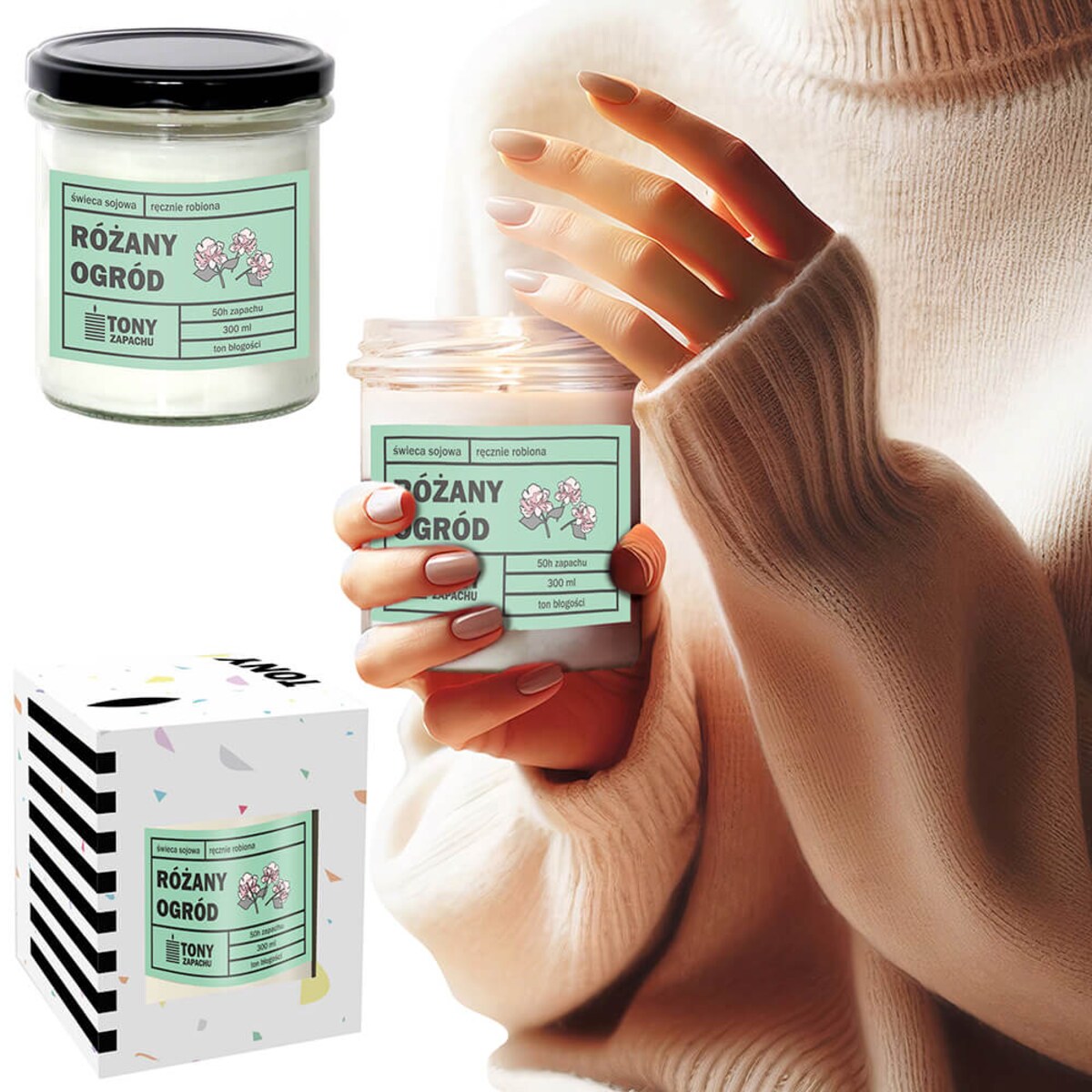 Świeca sojowa naturalna zapachowa RÓŻANY OGRÓD- najlepsza aromatyczna bezpieczna ręcznie robiona w szklanym słoiczku 300ml 50h palenia na prezent upominek