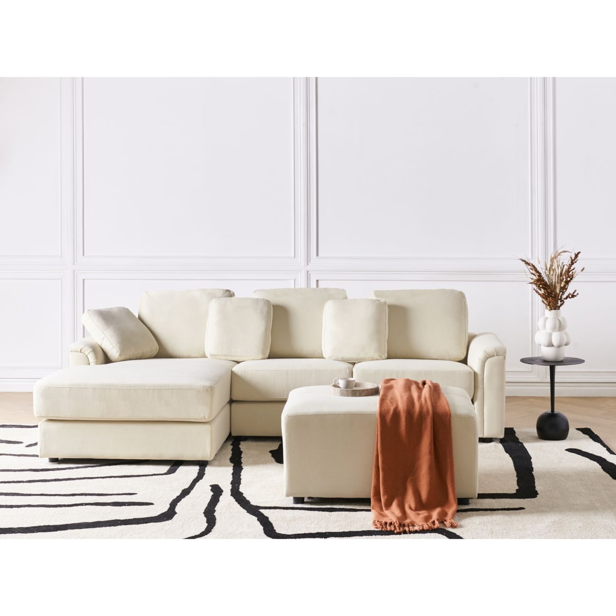 Sofa narożna prawostronna z otomaną KOHLO Jasnobeżowy Tkanina Prawostronny