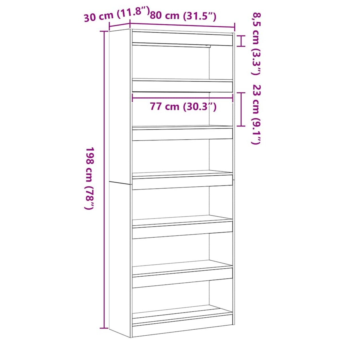 vidaXL Półka na książki Biały 80 x 30 x 198 cm Materiał drewnopochodny