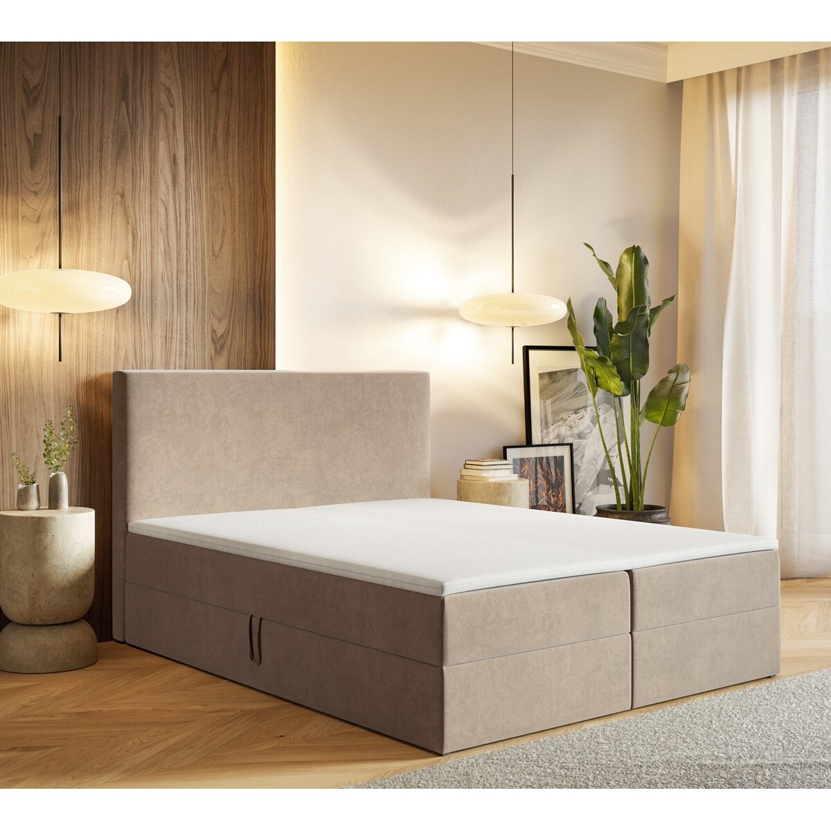 Łóżko kontynentalne G2 do sypialni 140x200 z pojemnikiem i materacem-beżowe