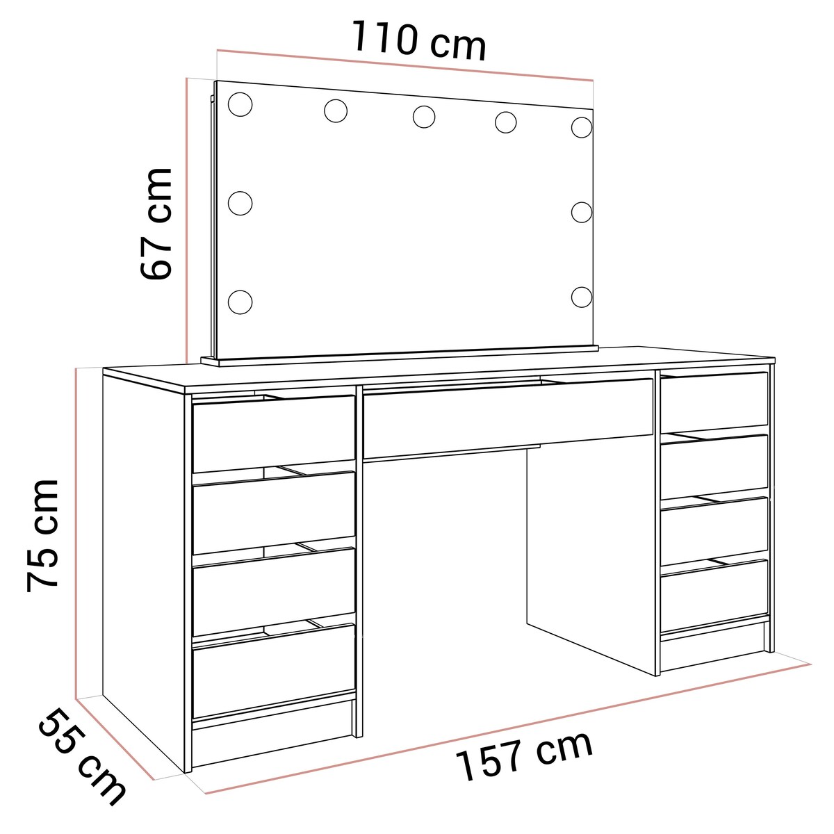 Toaletka MADA ELITE II z lustrem i oświetleniem biały połysk