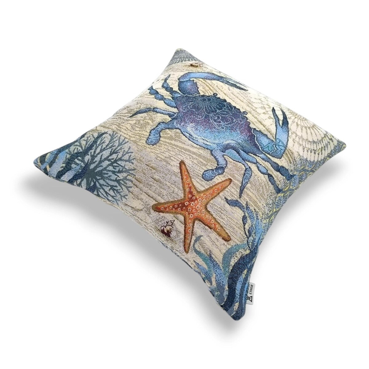 Dwustronna poduszka gobelinowa z krabem 45x45 Morskie Opowieści - beż i błękit