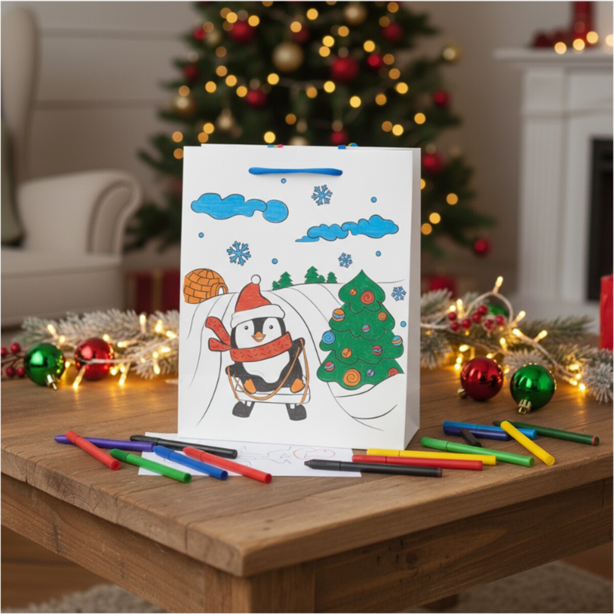 Torebka Prezentowa Na Prezent Do Kolorowania Dla Dzieci 23X18X10 Cm Pingwin Na Sankach