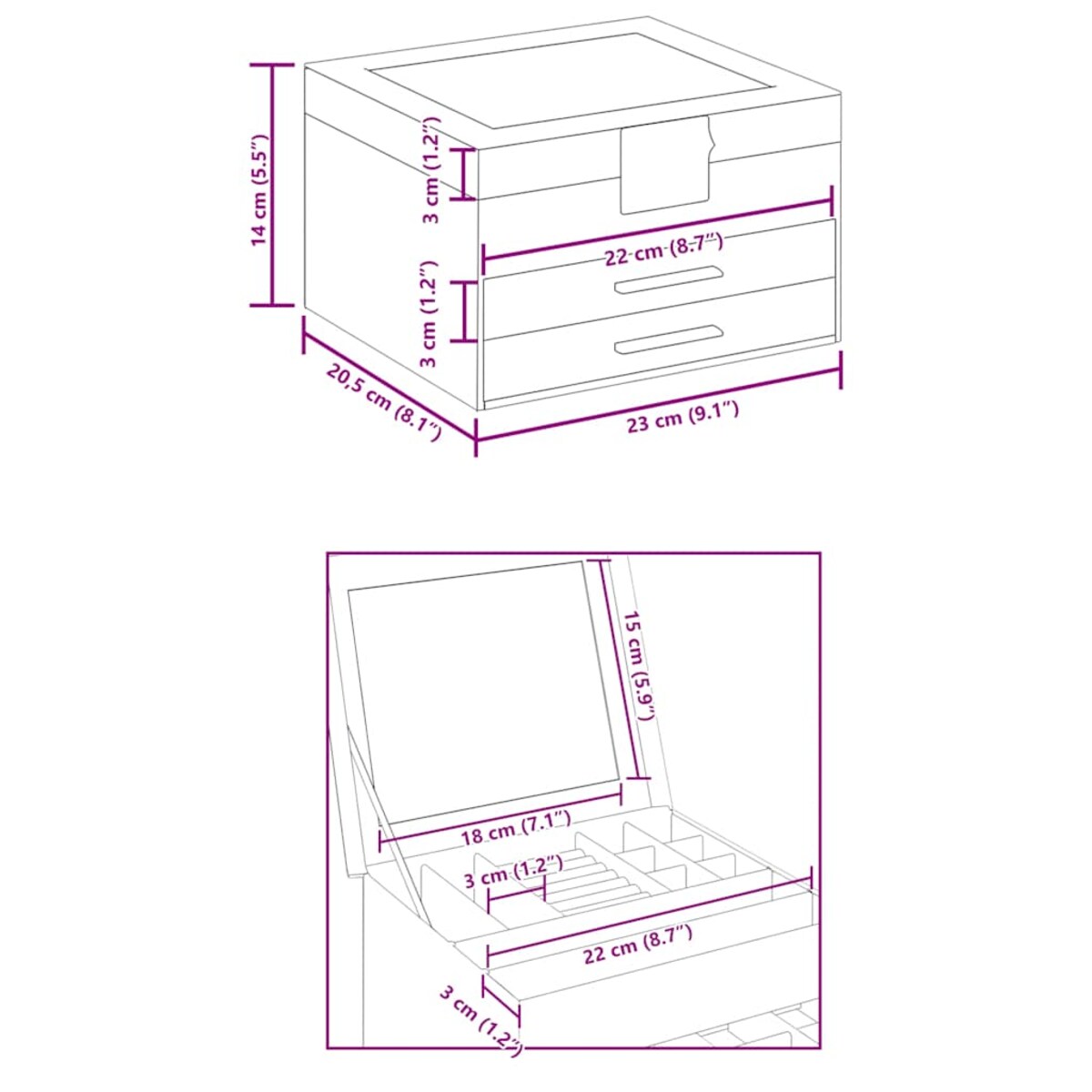 vidaXL Pudełko na biżuterię 3-warstwowe białe 23x20,5x14 cm