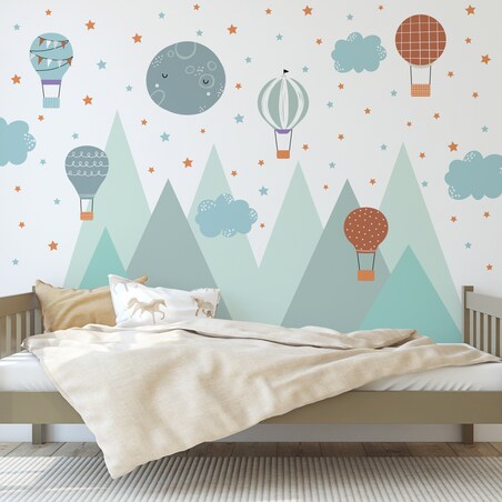 NAKLEJKI ŚCIENNE DLA DZIECI MIĘTOWE GÓRY GWIAZDKI CHMURKI BALONY ZESTAW