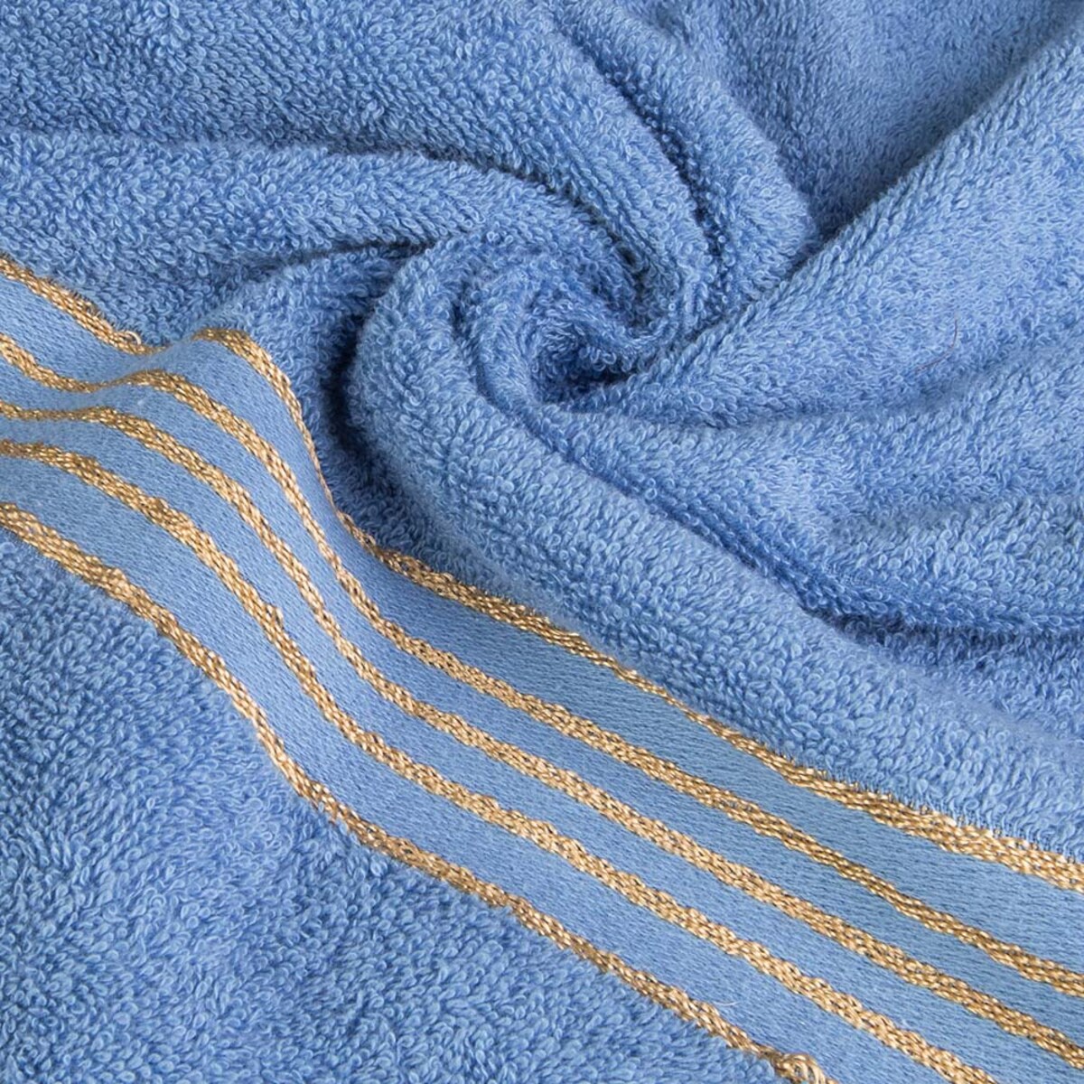 Ręcznik do rąk 30x50 cm bawełniany kolor niebieski z bordiurą w złote paski 500 g/m2 TIWANO