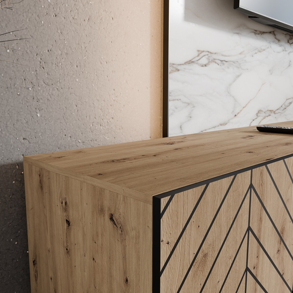 Szafka RTV IGO 300 cm, otwarta pod telewizor do salonu, jodełka -artisan