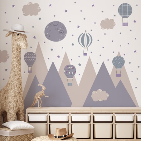 NAKLEJKI NA ŚCIANĘ DLA DZIECI FIOLETOWE GÓRY CHMURKI BALONY GWIAZDY ZESTAW