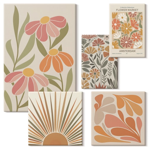 Zestaw 5 obrazów na płótnie - Styl boho kwiaty geometryczne - pomarańczowy