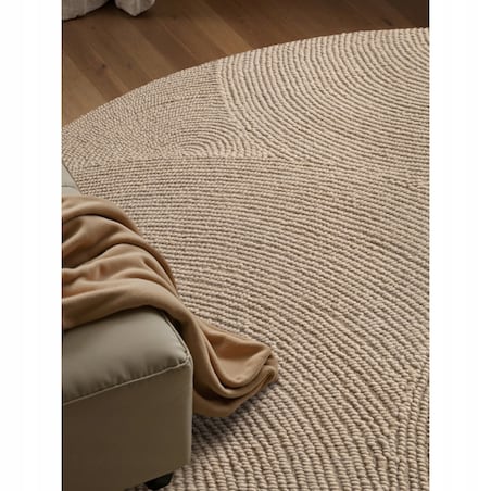 Dywan okrągły wełniany do salonu 150cm, beżowy wzór w półkola, efekt 3d