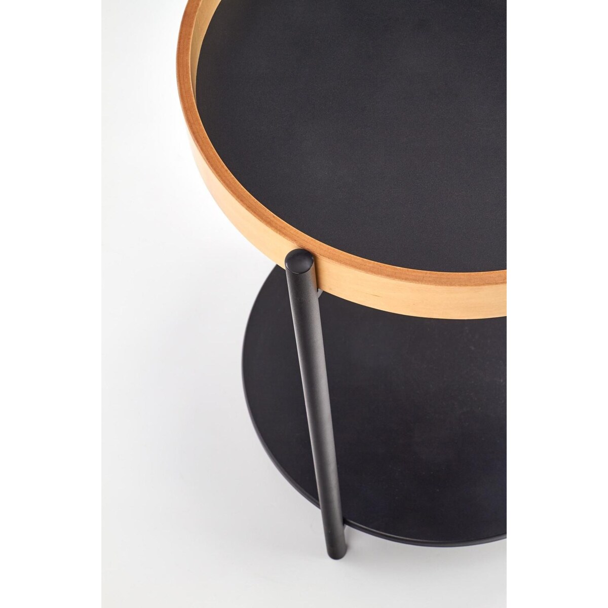 STOLIK KAWOWY Polo Z PÓŁKĄ okrągły 44/55 cm CZARNY | DĄB