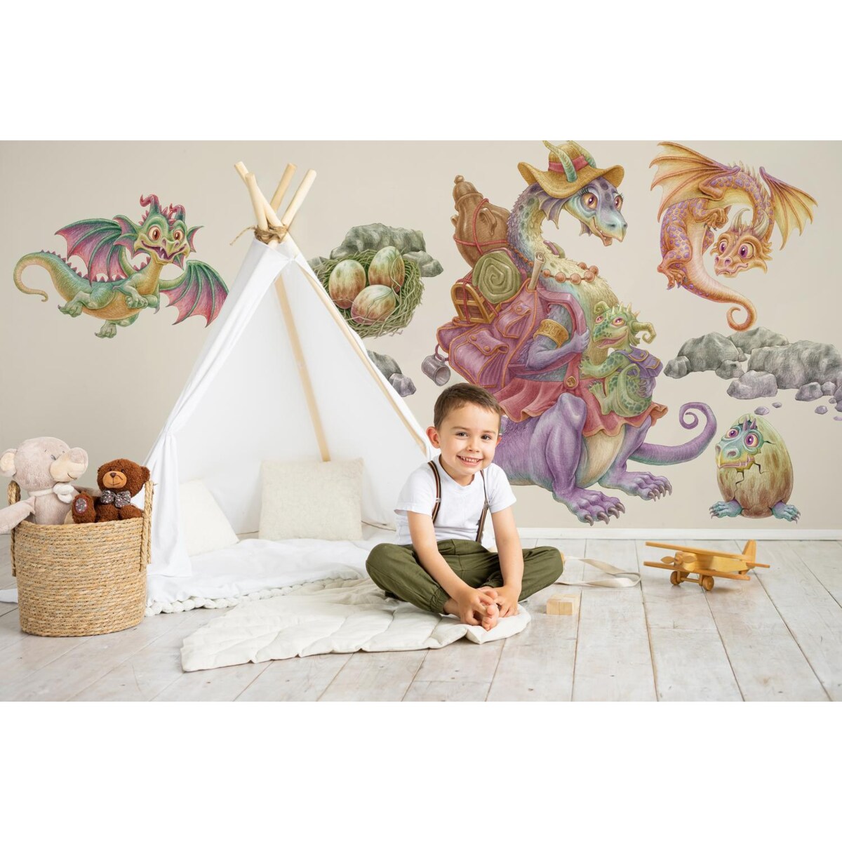 Zestaw naklejek na ścianę, Rodzina smoków, 60cm