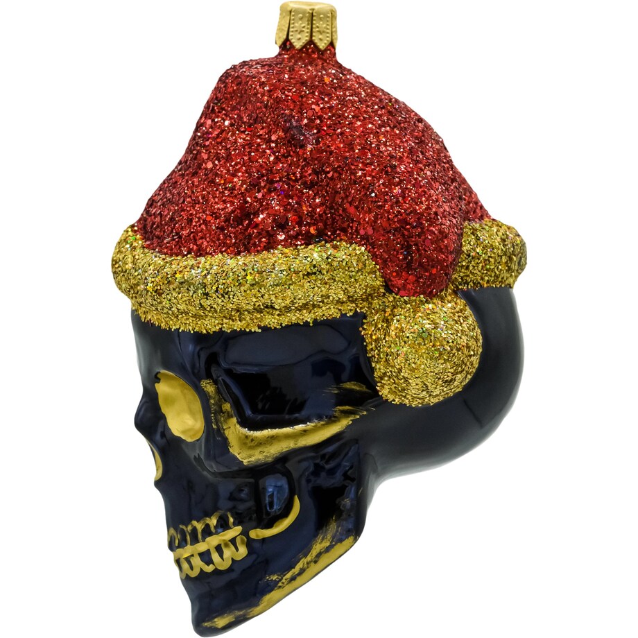 Bombka choinkowa: Czaszka w czapce świętego Mikołaja z złotymi akcentami