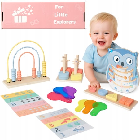 Układanka Montessori GrowPlay - drewniany sorter, kształty, nauka liczenia i kolorów, labirynt, zestaw edukacyjny