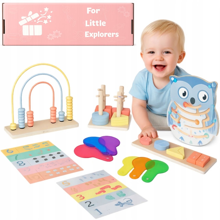 Układanka Montessori GrowPlay - drewniany sorter, kształty, nauka liczenia i kolorów, labirynt, zestaw edukacyjny