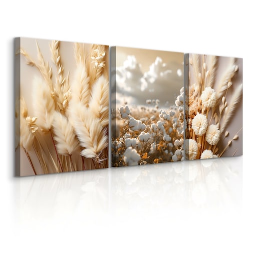 3x Obraz Na Płótnie Set Kwiaty Bawełna Trawy Natura Styl Boho Rośliny 30x40cm