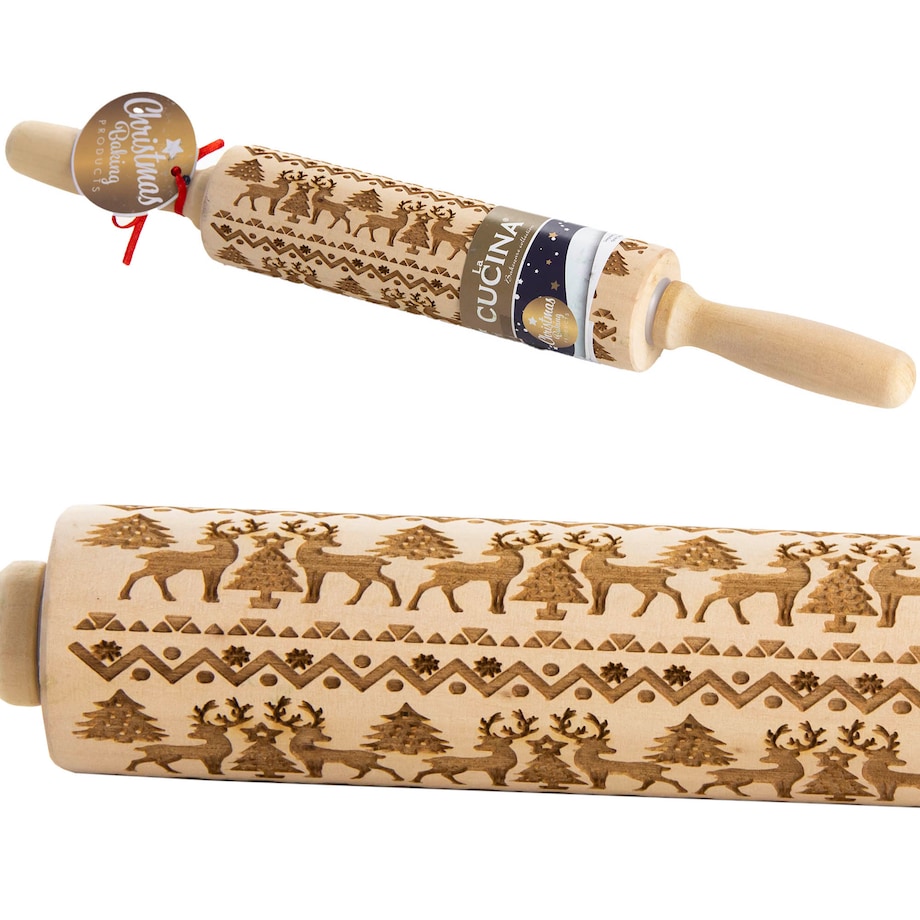 Wałek Do Ciasta Grawerowany Drewniany Świąteczny Dekoracyjny Renifery
