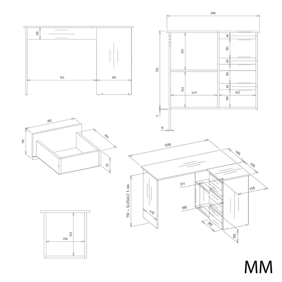 Biurko narożne Nicea prawe biały mat 120x48,5x75 cm 1 szt.