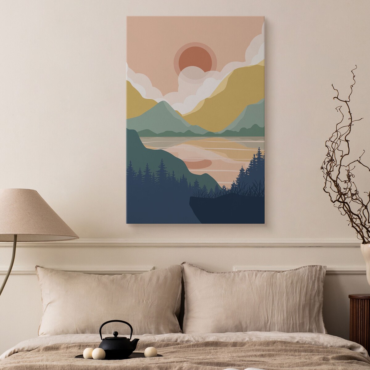 OBRAZ DO SYPIALNI LAS GÓRY PEJZAŻ STYL BOHO NATURA ABSTRAKCJA 80x120cm