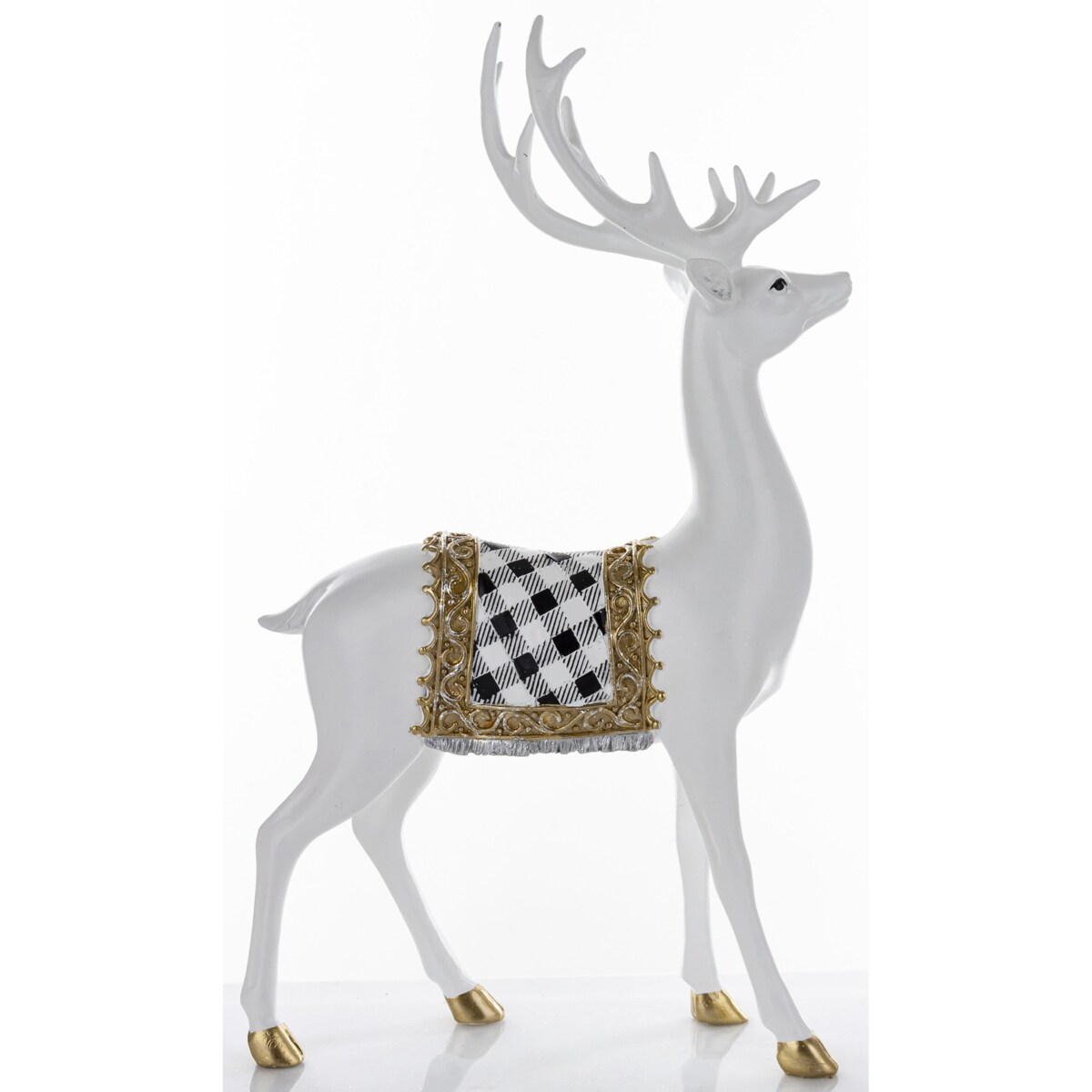 Figurka - stojący biały jeleń 44x25x9 cm BOLLERO-2 z czaprakiem w szachownicę