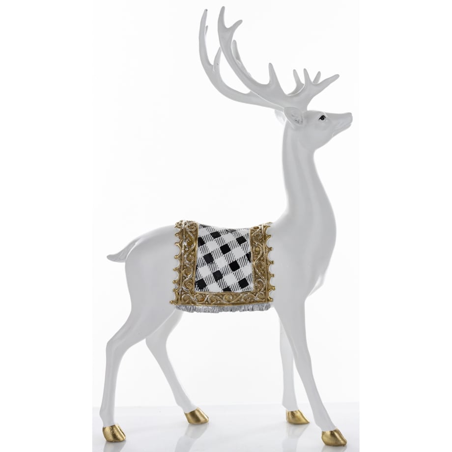 Figurka - stojący biały jeleń 44x25x9 cm BOLLERO-2 z czaprakiem w szachownicę