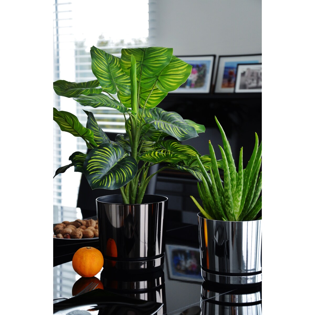 21 cm wzór CZARNY BŁYSZCZĄCY Doniczka z podstawką nowoczesna glamour efekt lustra black wysoki połysk metaliczna elegancka