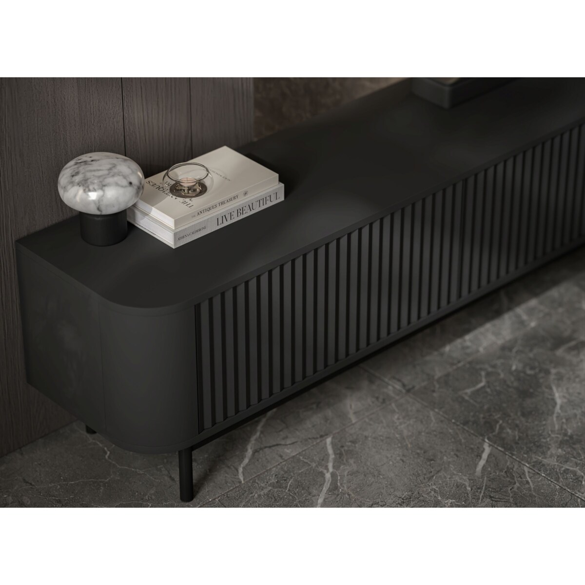 Szafka RTV Komoda RTV 280 cm Glamour Czarny Mat Czarny Stelaż
