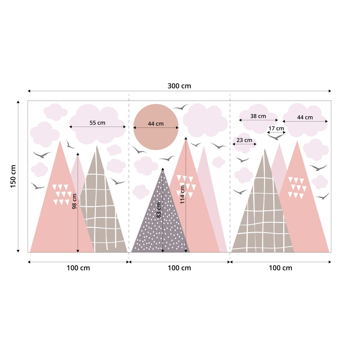 NAKLEJKI NA ŚCIANĘ DLA DZIECI JASNORÓŻOWE GÓRY STYL SKANDYNAWSKI ZESTAW