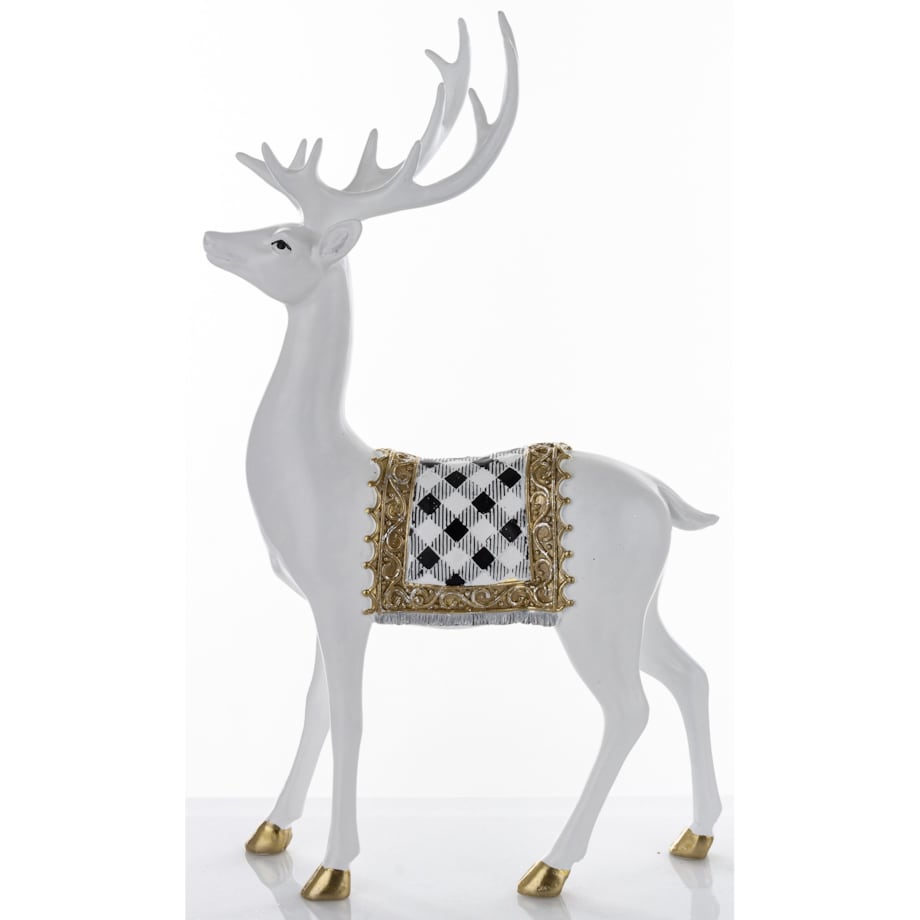 Figurka - stojący biały jeleń 44x25x9 cm BOLLERO-2 z czaprakiem w szachownicę