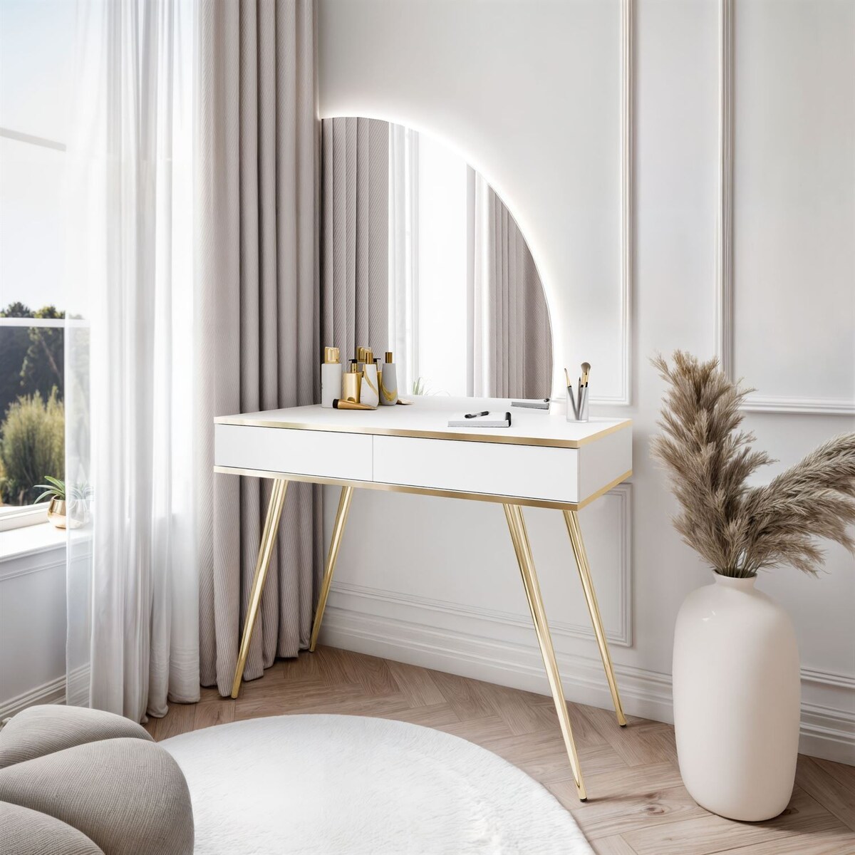 Toaletka OXFORD z lustrem i oświetleniem LED, prawa, biała