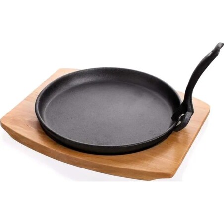 PATELNIA TALERZ ŻELIWNE na desce jedzenie stek mięso warzywa na gorąco box