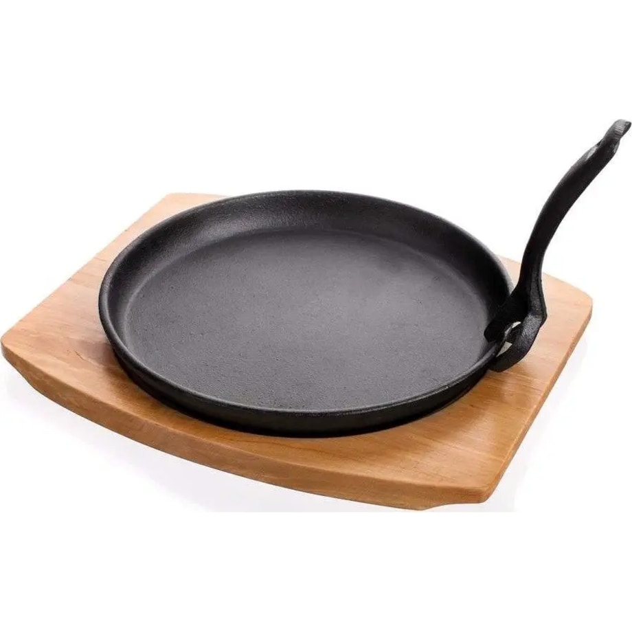 PATELNIA TALERZ ŻELIWNE na desce jedzenie stek mięso warzywa na gorąco box