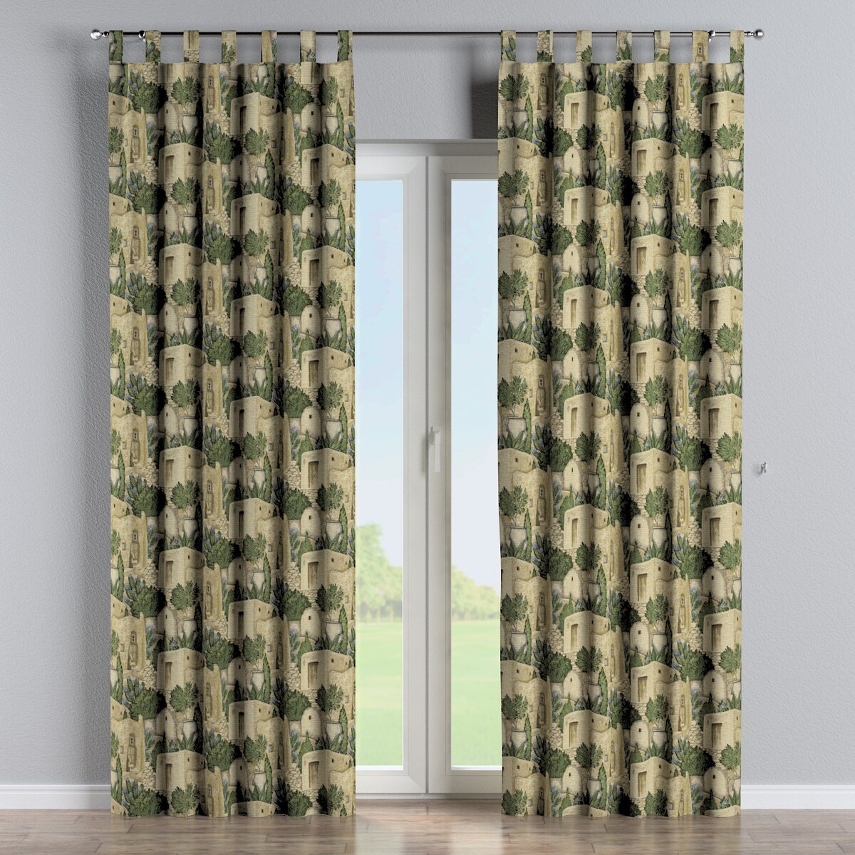 Zasłona na szelkach 1 szt. 130x245 piaskowo-zielony motyw śródziemnomorski