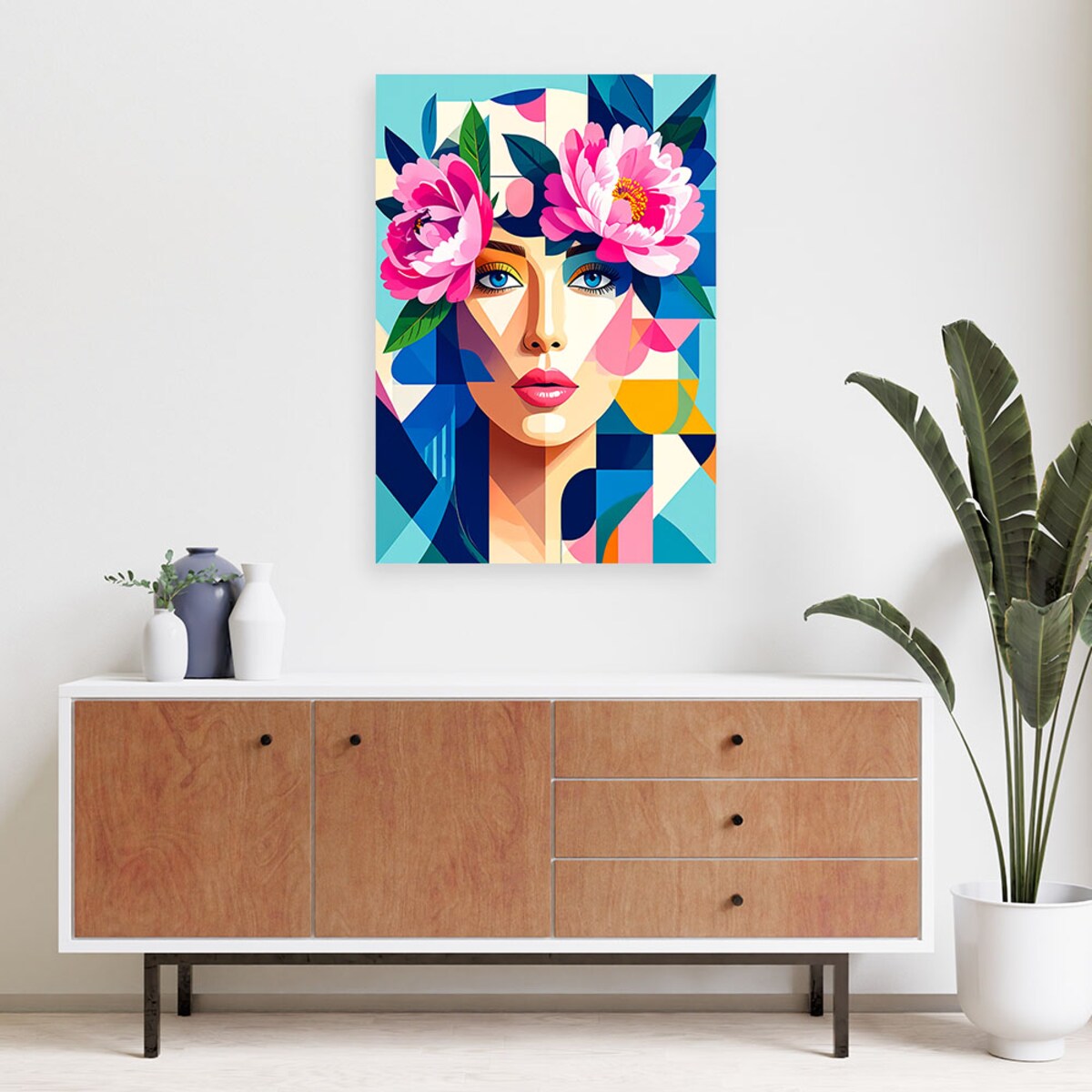 Obraz do salonu sypialni, Kobieta z kwiatami w stylu Bauhaus 60x90