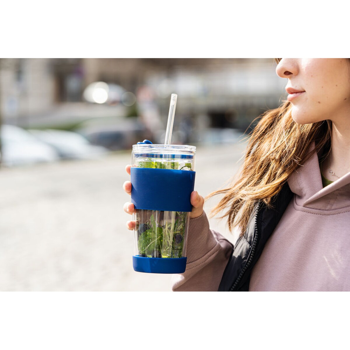 Kubek termiczny szklany ze słomką 600 ml granatowy Fuori 30381