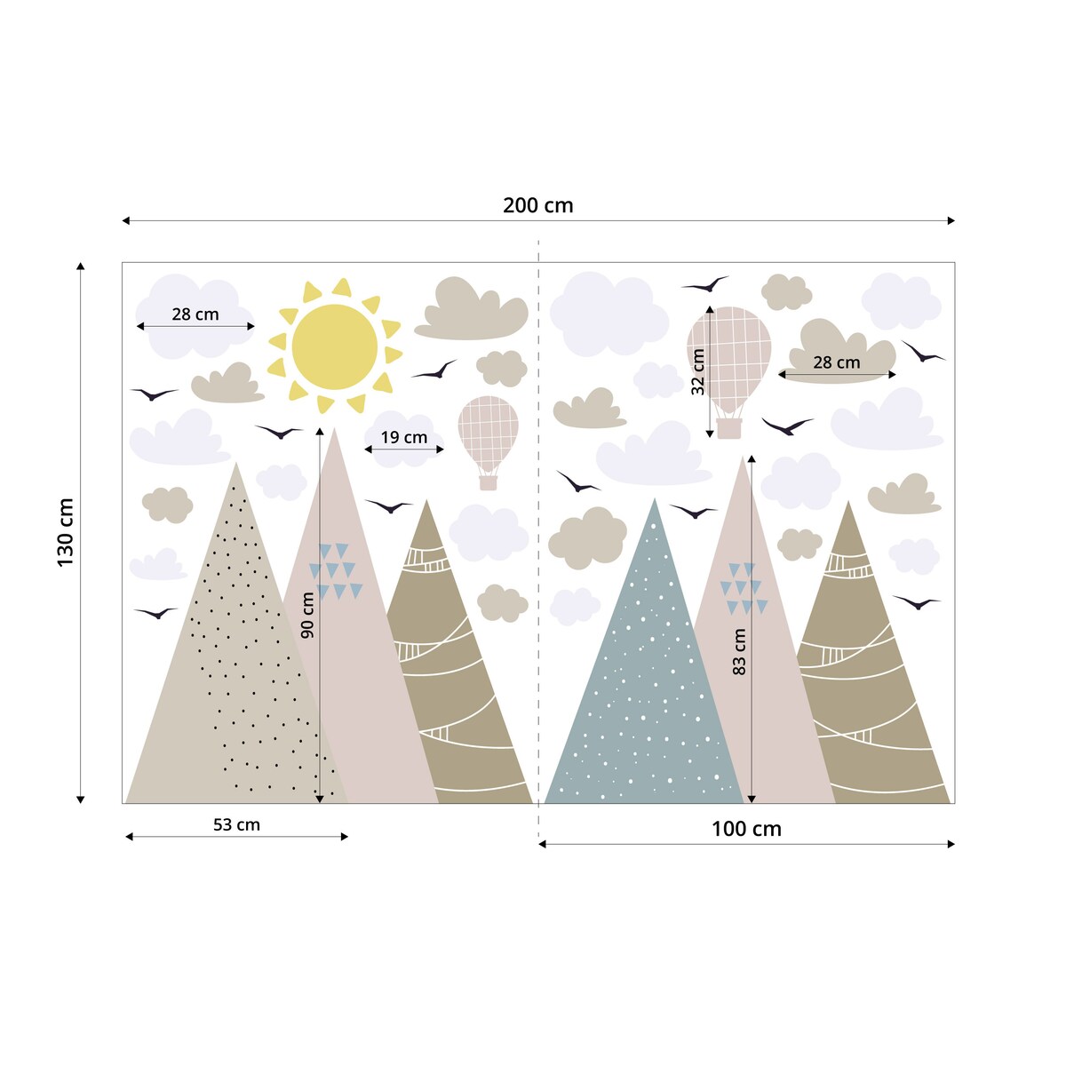 NAKLEJKI ŚCIENNE DLA DZIECI GÓRY CHMURKI PTAKI BALONY STYL BOHO ZESTAW