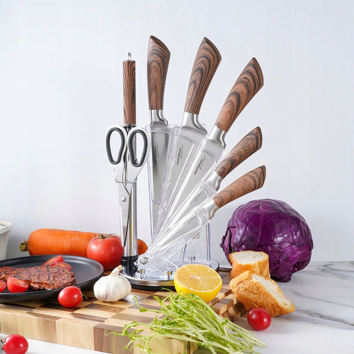 Zestaw Komplet Noży Kuchennych W Stojaku 8 Szt. Ostrzałka Nożyczki Ostre