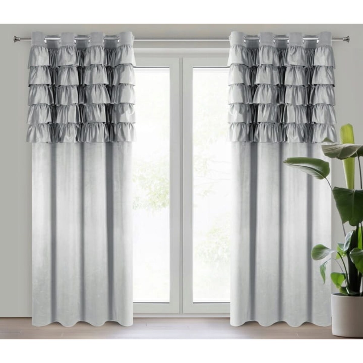 Zasłona WELUROWA Gotowa na PRZELOTKACH z FALBANAMI Aura 140 x 250 SREBRNA