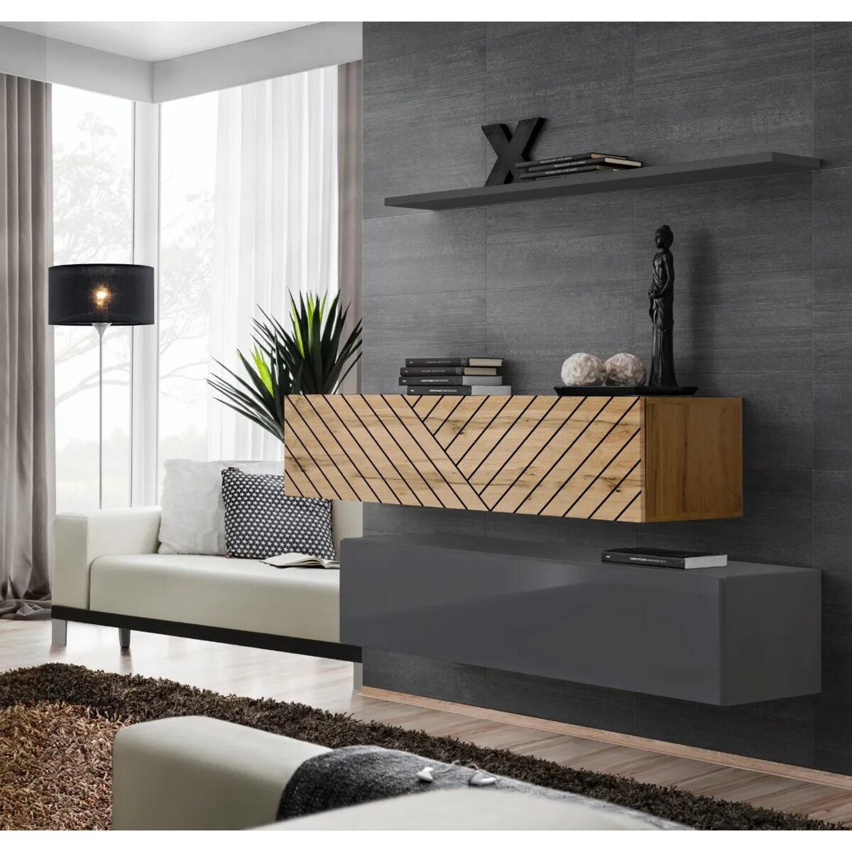 Meblościanka SWITCH LAMEL SB2 szara/dąb wotan