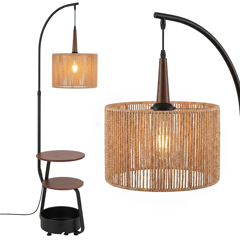 Lampa Podłogowa G156-1F Nature Czarny, Złoty, Metal, Drewno, Sznurek Jutowy