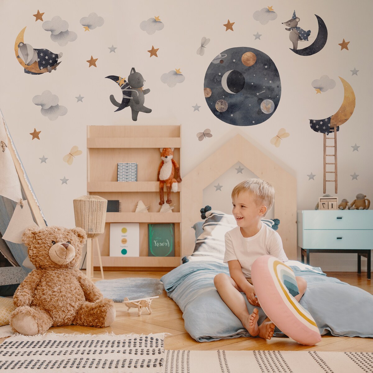 Naklejki Ścienne Dla Dzieci KOSMOS Zwierzęta Chmury Gwiazdy Boho ZESTAW